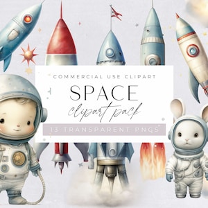 Astronaut en ruimte aquarel clipart, raketschepen png, decor van de kinderkamer, schattige kosmische illustraties, planeten en maan, commercieel gebruik,