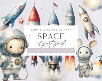 Astronaut and Space Watercolor clipart, Rocket Ships Png, Nursery Decor, Cute Outer Space Clip Art, Planets and Moon, Commercial Use,