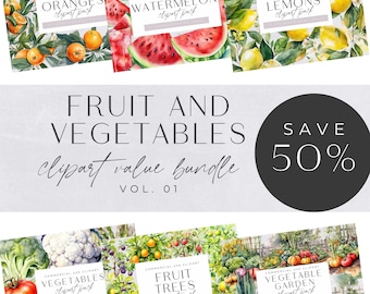 Fruit and Vegetables Clipart Bundle, Watercolor Veggie Garden Clip Art, Food, Oranges and Lemon Trees, Water Melons, Farmers Market,