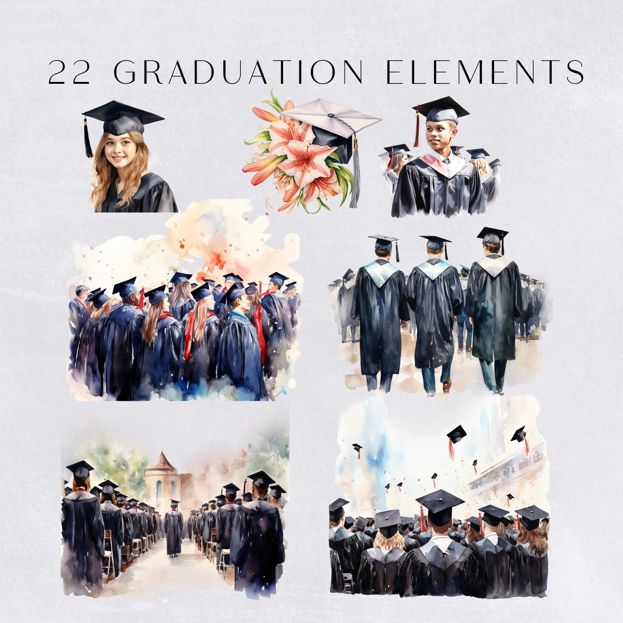 Graduation Clipart Watercolor, Diploma Illustration, Cap and Gown ...