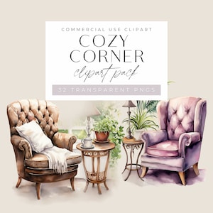 Cozy Reading Corner Clipart, Book Nook, Shelf & Chair, Home Library,  Cozy Cottagecore Aesthetics, Autumn Fall Clipart, Book Lover, Bookworm