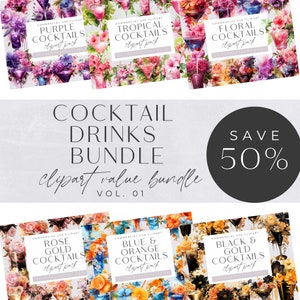 Paquete de imágenes prediseñadas de cócteles, bebidas navideñas con flores, cóctel de vacaciones de verano tropical, imágenes prediseñadas de fiesta alcohólica, celebración de cumpleaños png