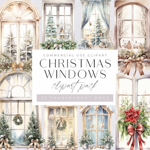 Aquarell Weihnachten Fenster Clipart, Winterurlaub Szene, festliche Clip Art, Weihnachtsdekoration, Kartenherstellung, gemütliches Haus, kommerzielle Nutzung,
