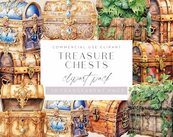 Treasure Chest Clipart, Watercolor, Card Making, Scrapbook Kit, transparent png clipart, Pirate Ship, Wooden Chest, Commercial use