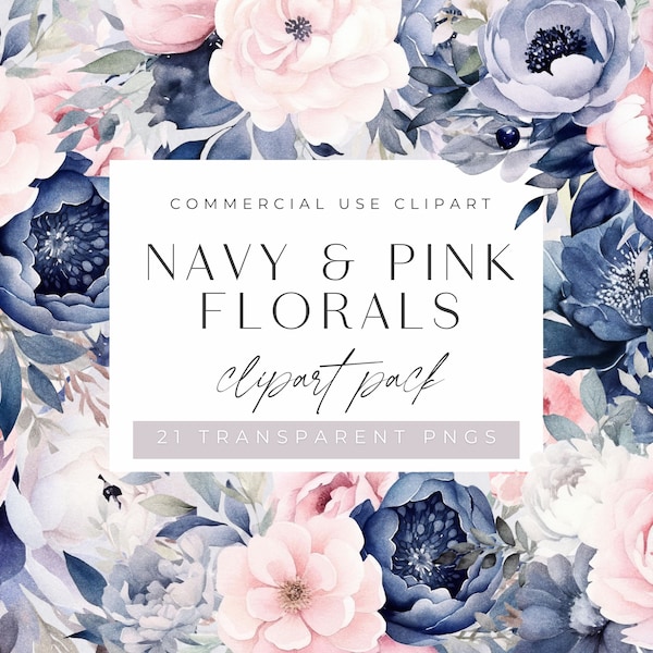 Navy and Pink Floral Watercolor Clipart Pack, Navy and Blush flower Bouquet, Clip art for commercial use, Transparent PNGs, Wedding invite