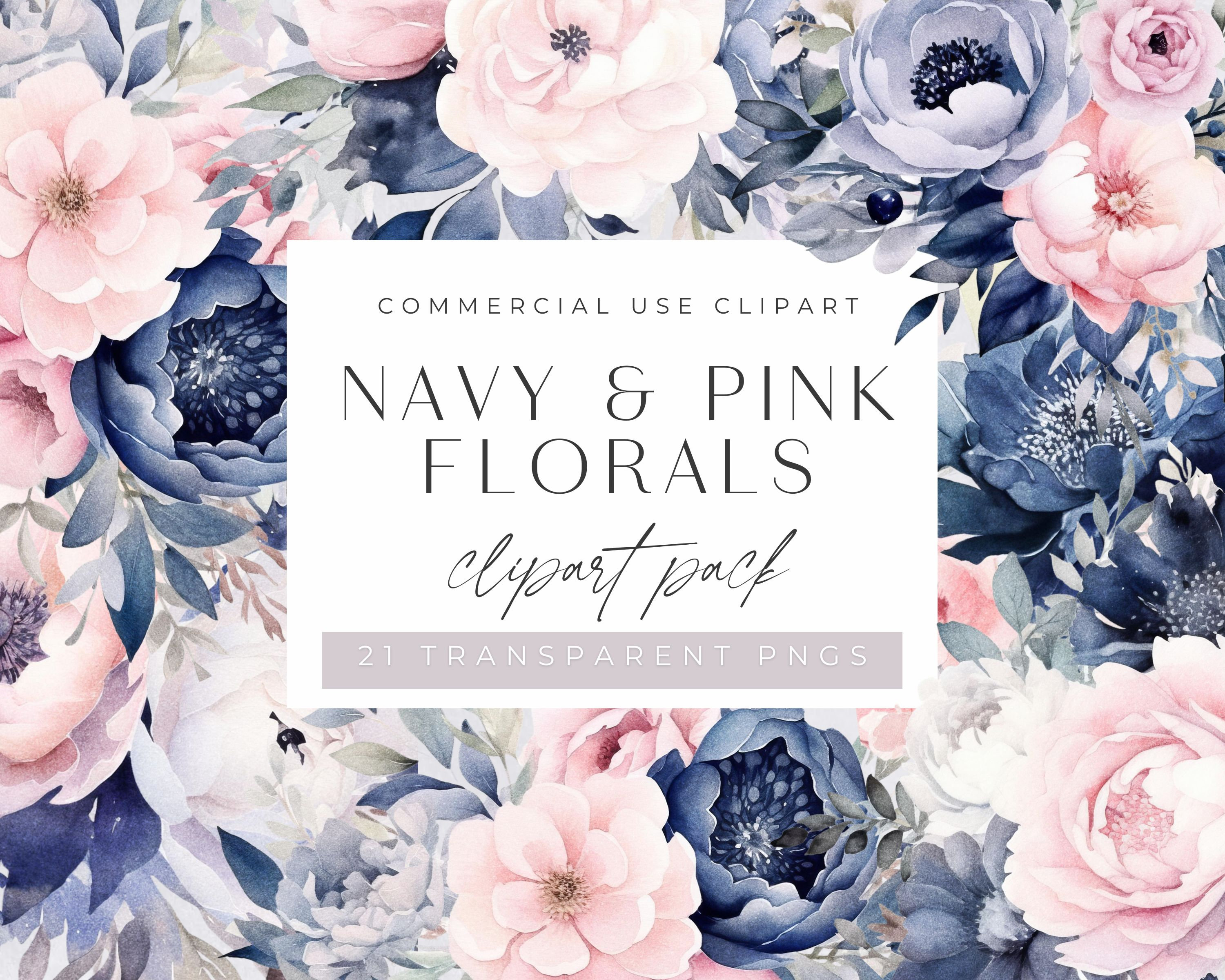 Navy and Pink Floral Watercolor Clipart Pack, Navy and Blush flower Bouquet, Clip art for commercial use, Transparent PNGs, Wedding invite