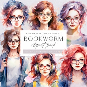 Imágenes prediseñadas de amante de los libros, gusano de biblioteca en acuarela, imágenes prediseñadas de chica de la biblioteca, chica adolescente con gafas, ilustración de amante de los libros, gráficos de chica leyendo