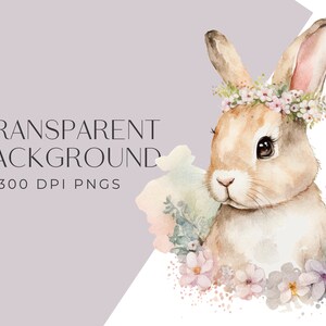 May include: A watercolor illustration of a brown bunny wearing a flower crown. The bunny is surrounded by pink and purple flowers and green leaves. The background is a soft purple.