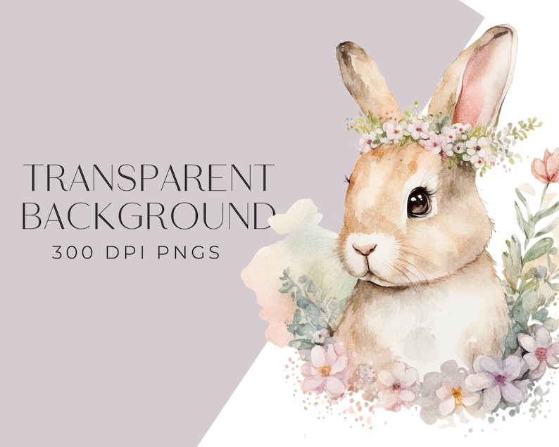 May include: A watercolor illustration of a brown bunny wearing a flower crown. The bunny is surrounded by pink and purple flowers and green leaves. The background is a soft purple.