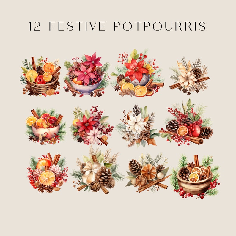 a set of twelve festive potpours with pine cones, poinsetti