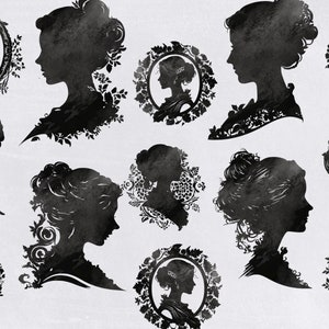 Silhouette Portrait Clipart Pack, Black & White Woman's Head Profile png clipart, Side Profile, People Silhouettes Digital Download, image 4