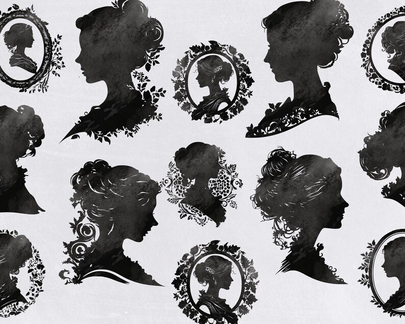 Silhouette Portrait Clipart Pack, Black & White Woman's Head Profile png clipart, Side Profile, People Silhouettes Digital Download, image 4