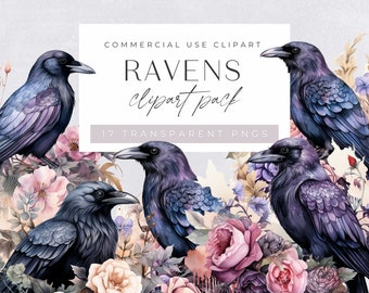 May include: Digital clipart pack of 17 ravens in a floral setting. The ravens are depicted in a dark blue and purple colour scheme, with a watercolour-like style. The flowers are in shades of pink, purple, and white.