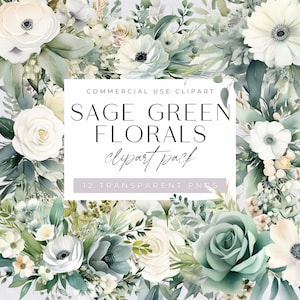 Sage Grün und Weiß Floral Clipart Pack, Floral Greenery Blatt Hochzeitssträuße, transparente PNGs, kommerzielle Nutzung, Rose Aquarell Clip Art