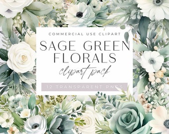 Salviagrönt och vitt blommigt clipartpaket, blommiga blad bröllopsbuketter, transparenta PNG-filer, kommersiellt bruk, ros akvarell clipart