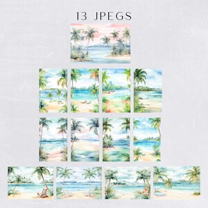 a collage of watercolor paintings of palm trees on a beach