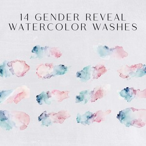 May include: 14 watercolor washes in shades of pink, blue, and teal. The washes are abstract and resemble clouds. They are perfect for gender reveal parties.