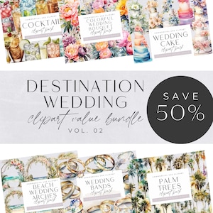 Ziel Hochzeit Clipart Bundle, Aquarell Hochzeitstag Clip Art, Kuchen, Ringe, Cocktails, bunter Blumenstrauß, transparentes PNG,