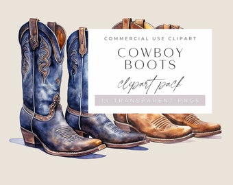 Watercolor Cowboy Boot Clipart, Western Boots for commercial use, Brown and Blue Cowgirl Boots,  Digital Crafting, Transparent PNGs,