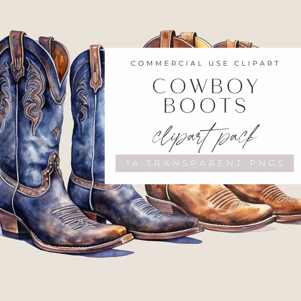 Watercolor Cowboy Boot Clipart, Western Boots for commercial use, Brown and Blue Cowgirl Boots,  Digital Crafting, Transparent PNGs,