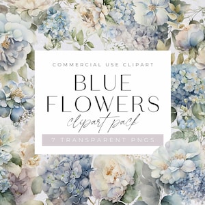Blaues Aquarell Blumen Clipart Paket, Clipart für kommerzielle Nutzung, Hortensie, transparente PNGs, Hochzeit botanische Blumen