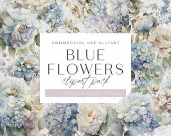 Pack de cliparts floraux aquarelle bleu, Clipart à usage commercial, hortensia, PNG transparents, fleurs botaniques de mariage