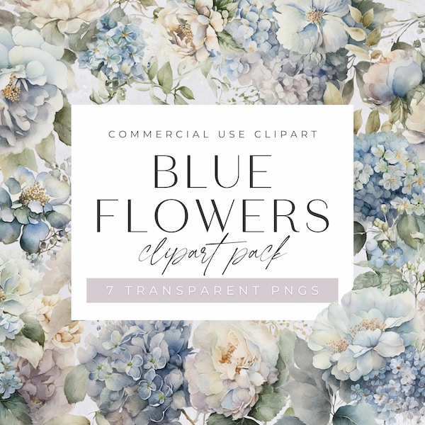 Blue Watercolor Floral Clipart Pack, Clipart per uso commerciale, Ortensia, PNG trasparenti, Fiori botanici per matrimoni