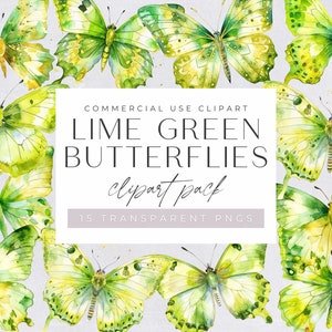 May include: A set of 15 lime green watercolour butterflies, ideal for adding a touch of nature to your digital designs.  COMMERCIAL USE CLIPART LIME GREEN BUTTERFLIES clipart pack 15 TRANSPARENT PNGS