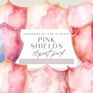 Pink Shields Watercolor Clip Art, Commercial Use, Transparent PNGs, Card Making, Defence, Badge, Digital Download