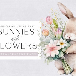 Aquarell Hase mit Blumen, Clipart-Pack, Clipart für kommerzielle Nutzung, transparente PNGs, Kinderzimmer Frühling Clipart, Osterhase, Wandkunst