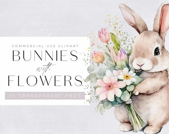Watercolor Bunny with Flowers Clipart Pack, Clipart for commercial use, Transparent PNGs, Nursery Spring Clipart, Easter Bunny, Wall Art