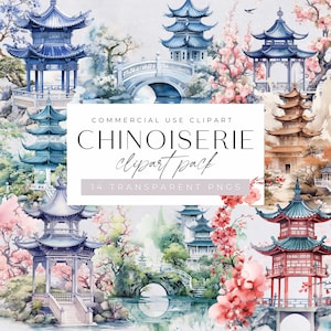Chinoiserie clipart aquarel, Chinese pagodes illustraties, zentuin png, parkpaviljoen graphics, transparante pngs, landschap
