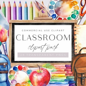 Classroom, Back to School Clipart, Watercolor Teacher Clip Art, Commercial Use, Transparent PNGs, Crayons, Pencils, Blackboard, Supplies