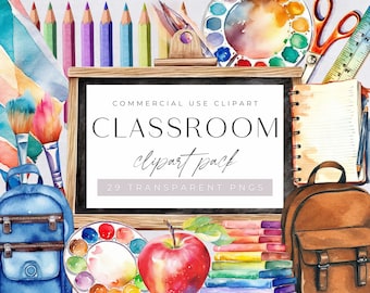 Sala de aula, clipart de volta às aulas, clipart de professor em aquarela, uso comercial, PNGs transparentes, giz de cera, lápis, quadro negro, suprimentos