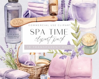 May include: Spa time clipart pack with 18 transparent PNGs. Watercolor illustration of lavender, towels, bath products, and a wooden brush.  The text "SPA TIME clipart pack" is written in a decorative font.