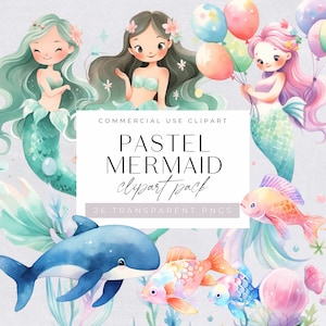 Mermaid Under the Sea, transparent png, commercial use. Pastel Fish Dolphin, Baby Shower, Cute Ocean Animals, Underwater, Fantasy Clipart
