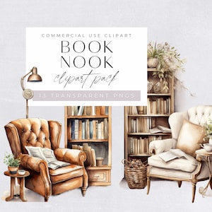 Puede incluir: Una ilustración de acuarela de un acogedor rincón de lectura con un sillón de cuero, una estantería llena de libros, una mesa auxiliar con una planta en maceta, una lámpara de pie y una cesta de bellotas. La ilustración es perfecta para crear un ambiente cálido y acogedor en tu hogar.