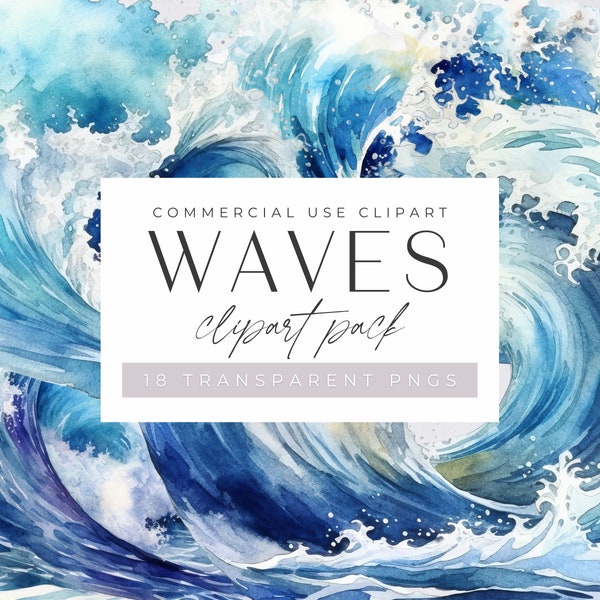 Tidal Waves Clipart, Blue Sea, Watercolor Ocean Wave, Beach, Summer, for commercial use, Nautical Clip Art, Transparent PNGs,