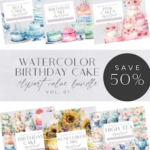 Watercolor Birthday Cake Clipart, Party Illustration, Pink and Blue Cakes, Happy Birthday Invitations, Cake on Stand, Bakery Clip Art,