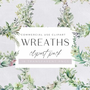 Greenery Wreath Clipart, BUNDLE, Watercolor, commercial use, Transparent PNGs, Foliage, Green Leaves, Wedding Invitation, Eucalyptus