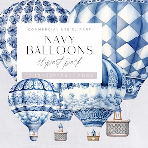 Clipart heteluchtballon, aquarel marineblauw, wanddecoratie kinderkamer, babyshower illustraties, het is een jongen, reizen clipart, commerciële licentie,