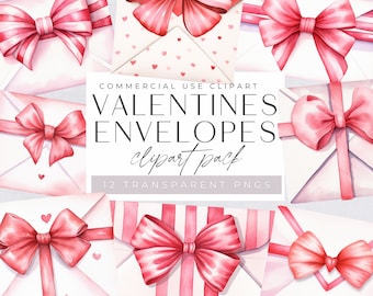 Op de afbeelding: Twaalf aquarel illustraties van roze en witte enveloppen met roze strikken. De enveloppen zijn versierd met harten en strepen. De tekst "COMMERCIAL USE CLIPART VALENTINES ENVELOPES clipart pack 12 TRANSPARENT PNGS" staat onderaan de afbeelding.