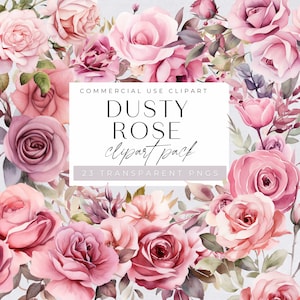 Dusty Rose Floral Borders Clipart,  Mauve Watercolor Flowers Clipart, Floral Bouquet, Wedding Invitation, Graphics, Pink Rose Wreath Clipart