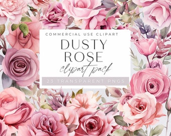 Op de afbeelding: Een digitaal clipart-pakket met 23 aquarel-illustraties van stoffige roze rozen. De rozen zijn gerangschikt in een boeket met groene bladeren en stelen. De tekst "DUSTY ROSE clipart pack 23 TRANSPARENT PNGS" wordt weergegeven op een witte achtergrond.