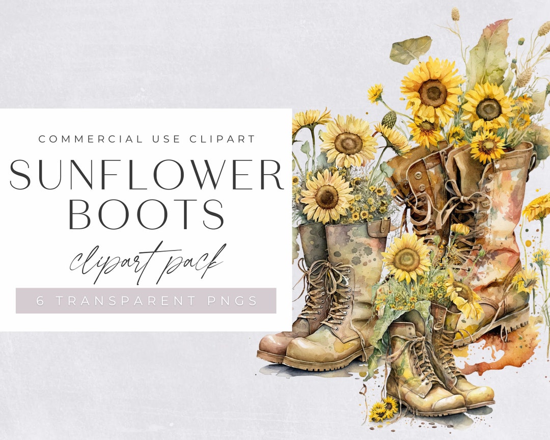 Boots With Sunflowers Watercolor Clipart, Clip Art for Commercial Use