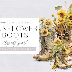 Boots with Sunflowers Watercolor Clipart, Clip Art for commercial use, Cowboy Western Boot, Cowgirl Boots, Yellow Fall Autumn Flowers
