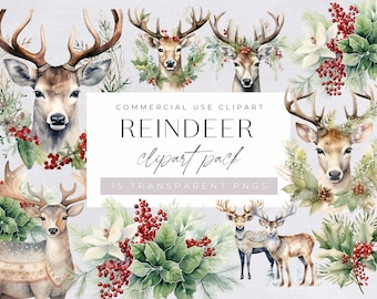 Clipart de renos en acuarela, astas de ciervo, gráficos navideños, clip art festivo, manualidades digitales, creación de tarjetas, uso comercial, PNG