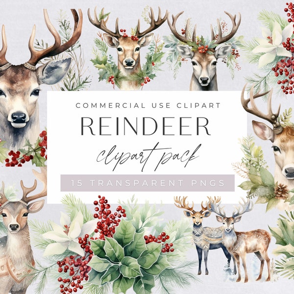 Reindeer Clipart Watercolor, Deer Antlers, Christmas Graphics, Holiday Clip Art, Digital Crafts, Card Making, Commercial Use, PNGs