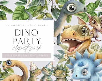 Pacchetto clipart festa di compleanno dinosauro acquerello, clipart per uso commerciale, PNG trasparenti, scuola materna, arte della parete per bambini, T-Rex, cuccioli di dinosauri