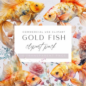 Clipart de peixe dourado, peixe aquarela, clipart para uso comercial, PNGs transparentes, aquário, subaquático, gráficos Sealife, criação de cartões